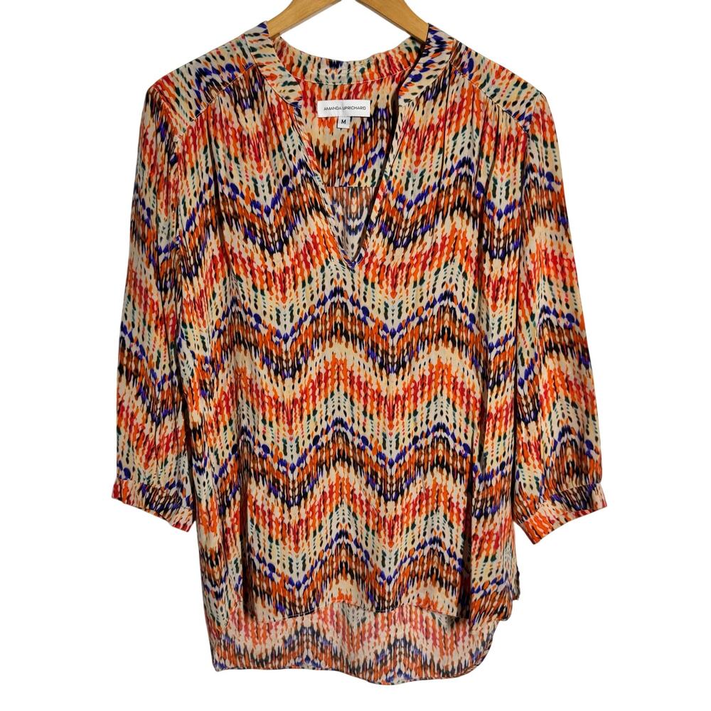 Amanda Uprichard Chevron Print Zigzag Popover Blouse Women Orange Silk High Low